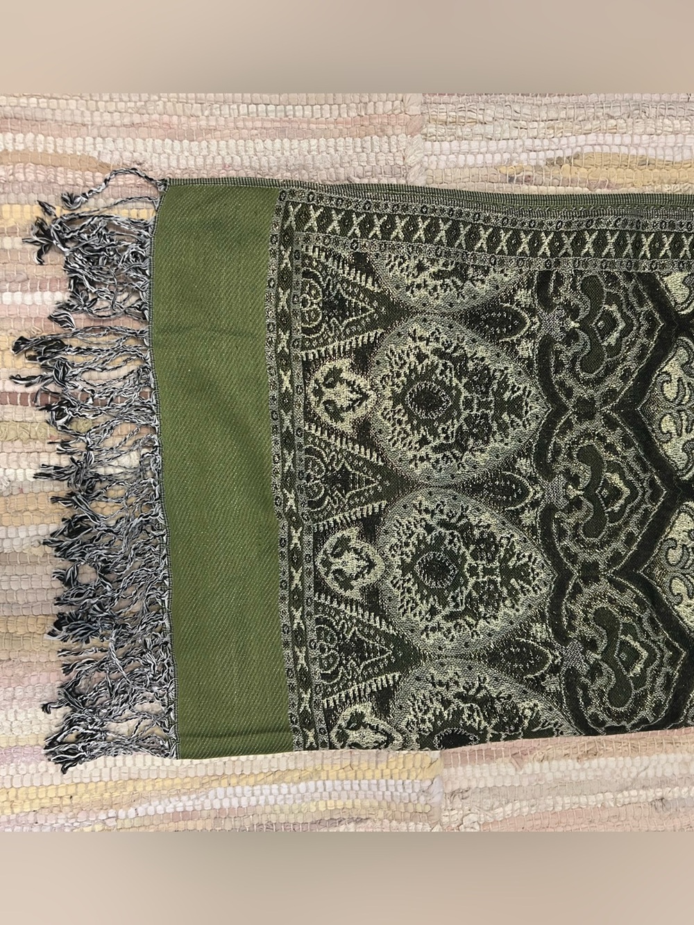 Pashmina Olive Green Paisley Jacquard Fringe Shawl Wrap Scarf - Picture 9 of 9